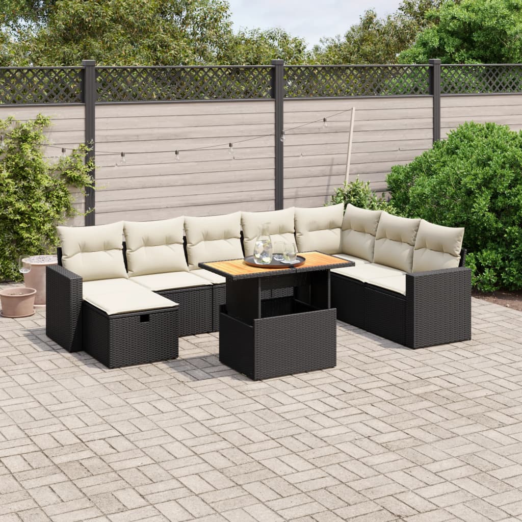 Set Divani da Giardino 9 pz con Cuscini Nero in Polyrattan 3271448