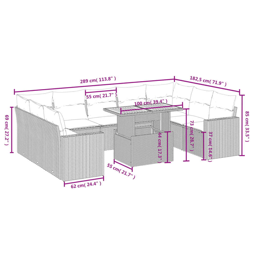 Set Divano da Giardino 10 pz con Cuscini Grigio in Polyrattan 3271459