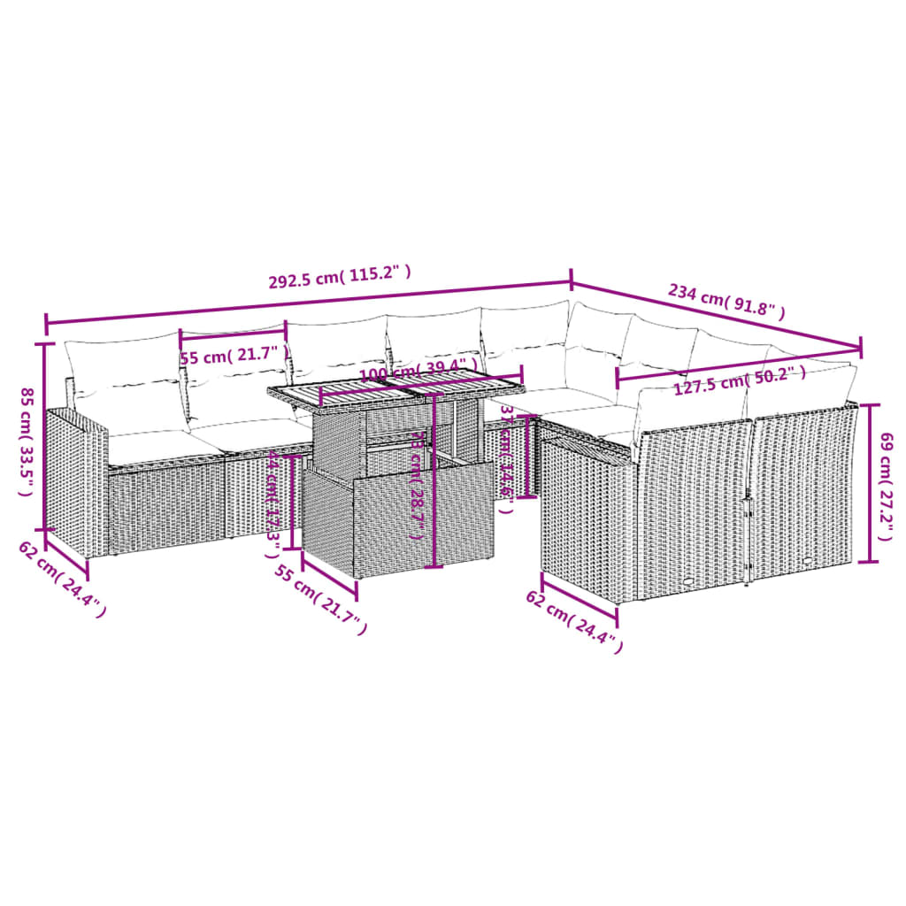 Set Divano da Giardino 10 pz con Cuscini Grigio in Polyrattan 3271473