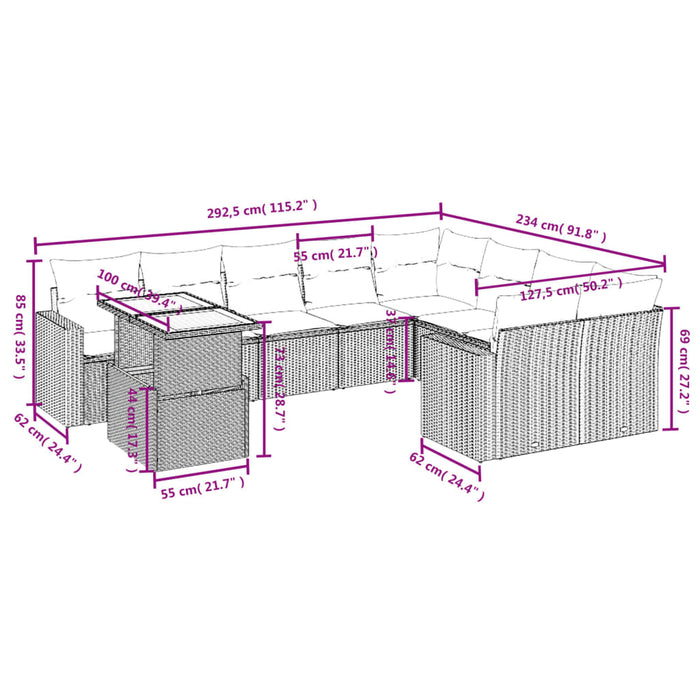 Set Divani da Giardino 10pz con Cuscini in Polyrattan Nerocod mxl 114125