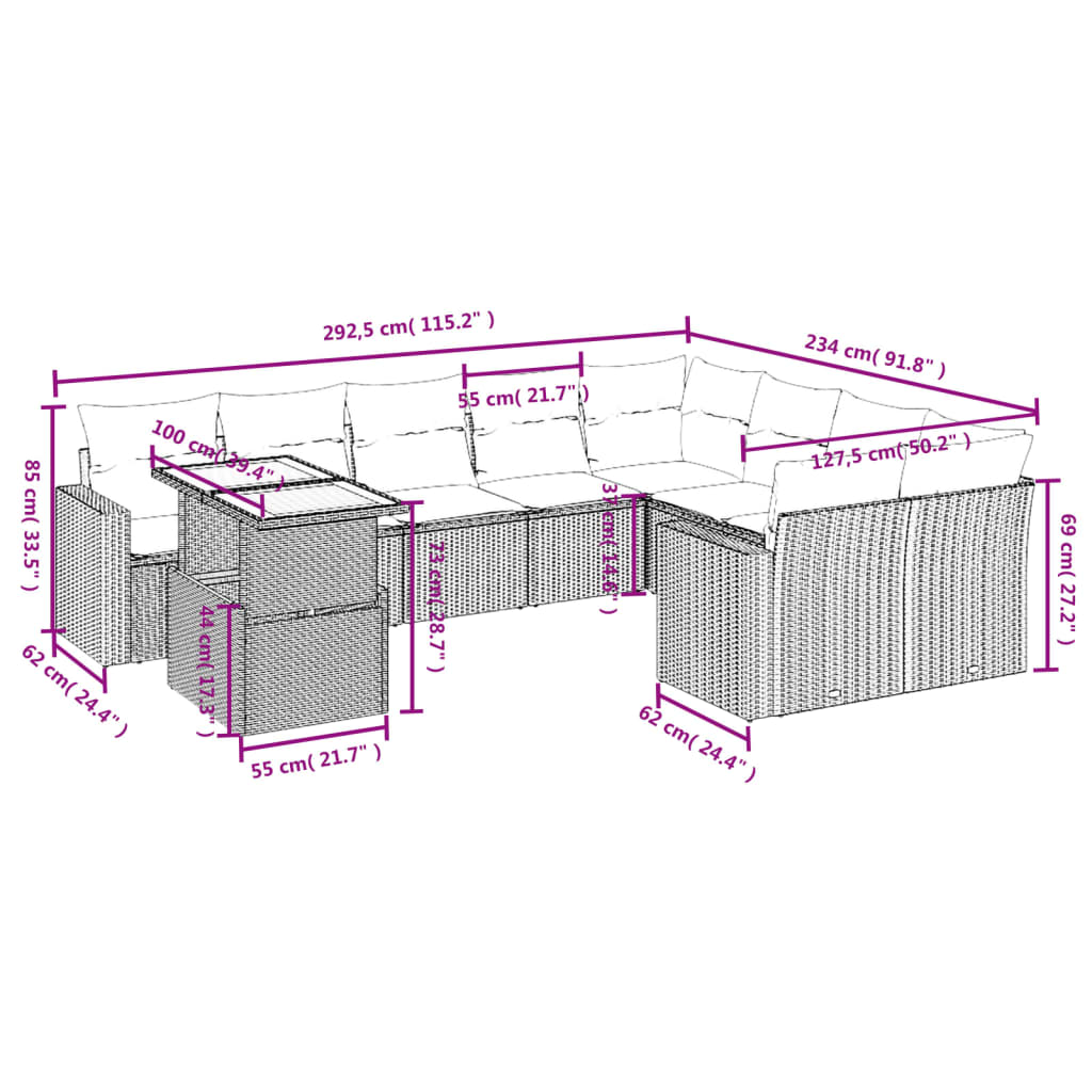 Set Divani da Giardino 10pz con Cuscini in Polyrattan Nero 3271475