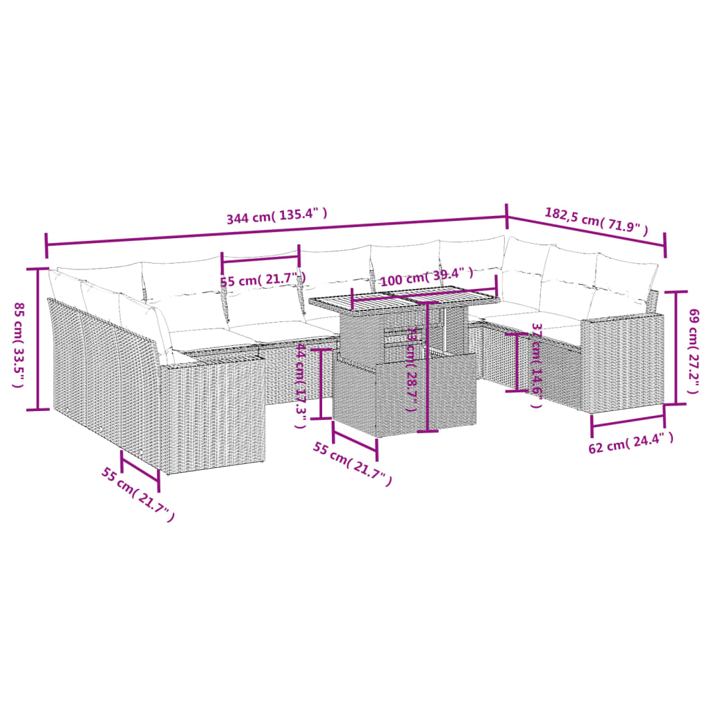 Set Divani da Giardino 11 pz con Cuscini in Polyrattan Nero 3271482