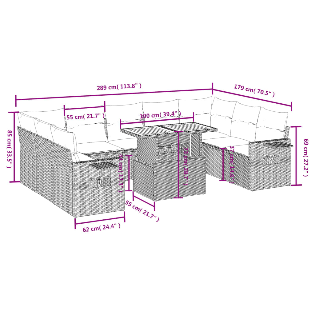 Set Divano da Giardino 10 pz con Cuscini Grigio in Polyrattan 3271900