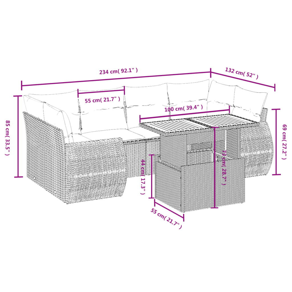 Set Divani da Giardino 7 pz con Cuscini Grigio in Polyrattan 3272096