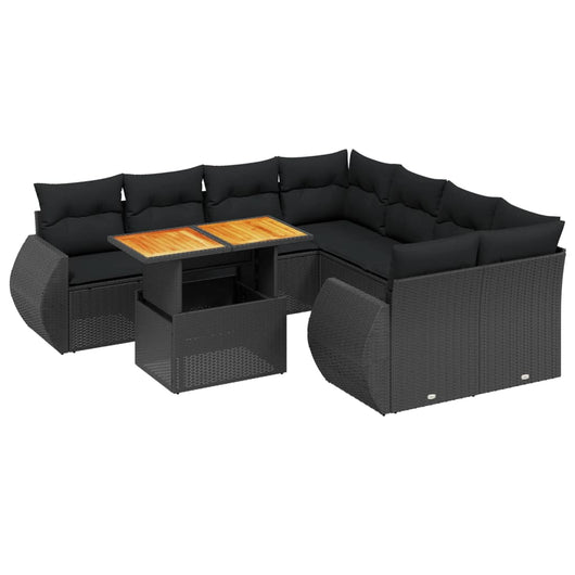 Set Divani da Giardino 9 pz con Cuscini Nero in Polyrattan 3272119