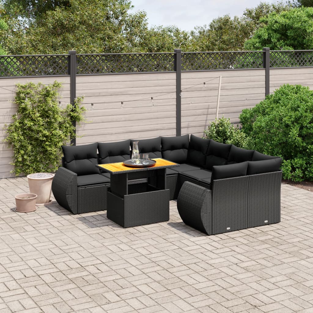 Set Divani da Giardino 9 pz con Cuscini Nero in Polyrattan 3272119