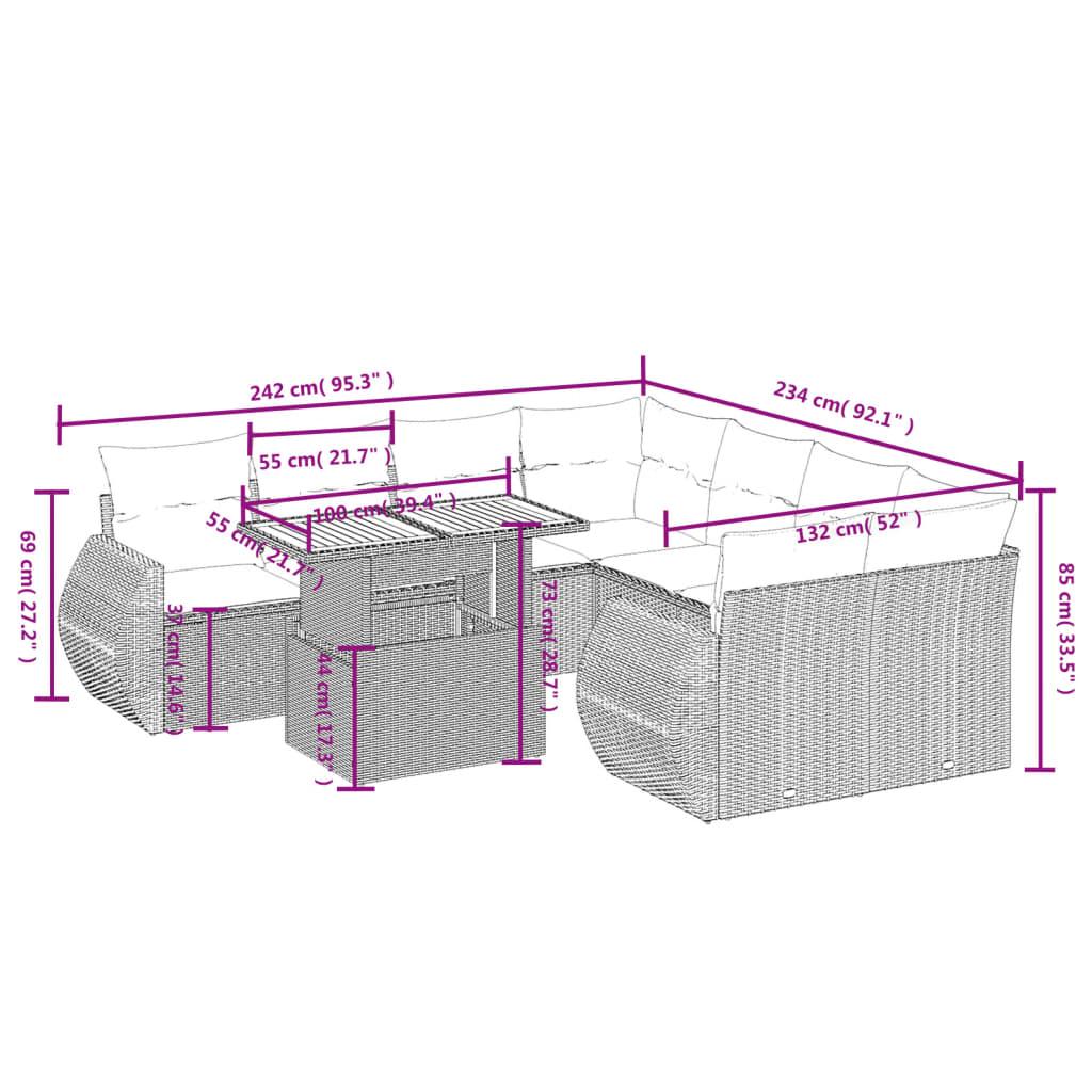 Set Divano da Giardino 9 pz con Cuscini Grigio in Polyrattan 3272124