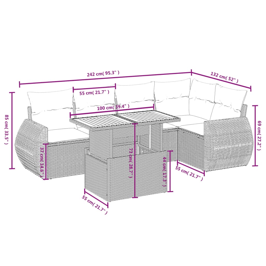 Set Divano da Giardino 6 pz con Cuscini Beige in Polyrattan 3272186