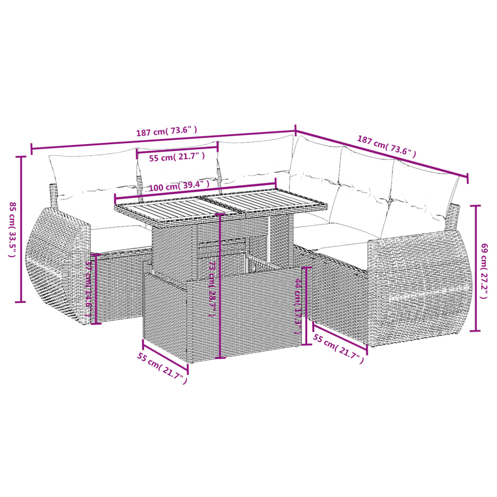 Set Divano da Giardino 6 pz con Cuscini Grigio in Polyrattan 3272194