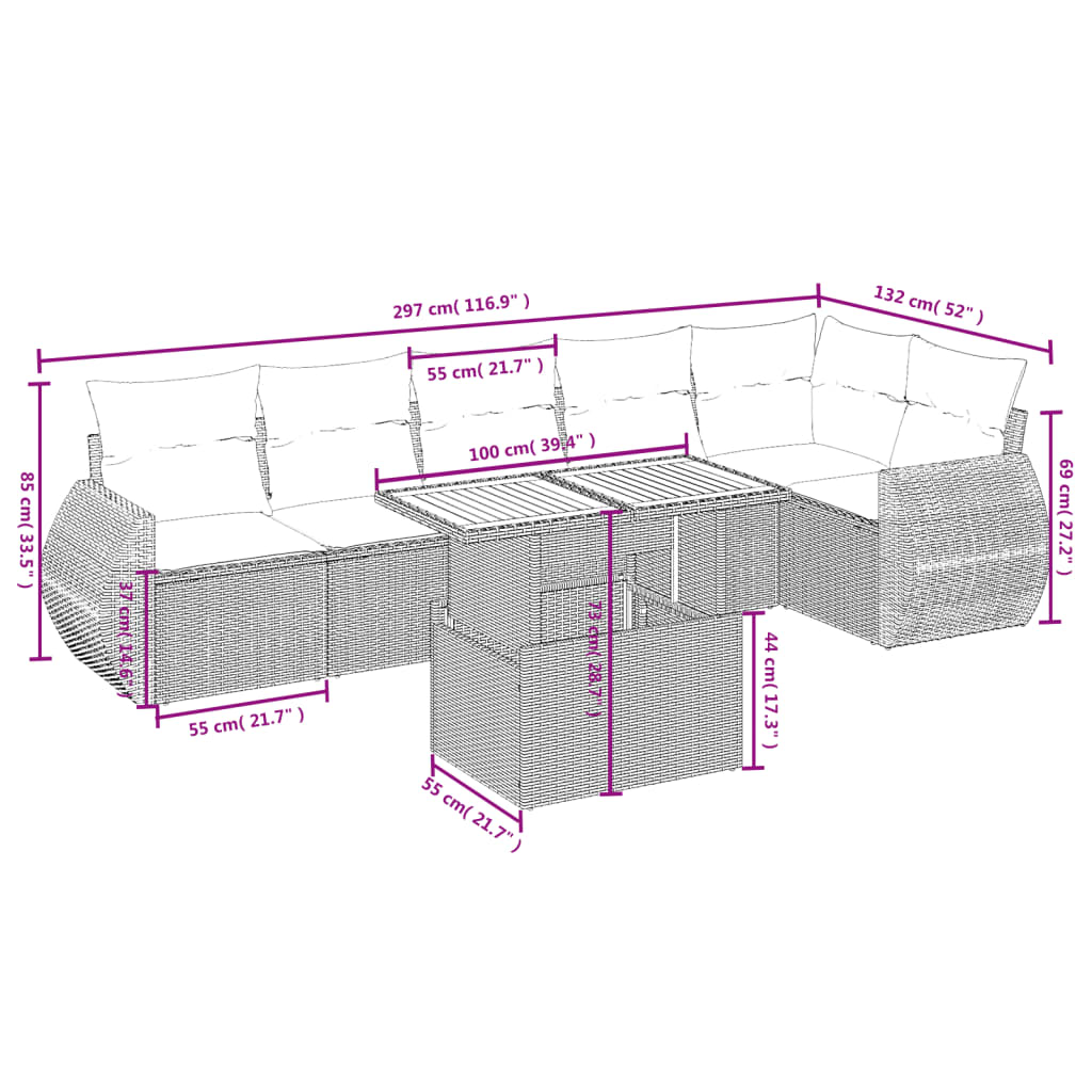 Set Divani da Giardino 7 pz con Cuscini Beige in Polyrattan 3272206