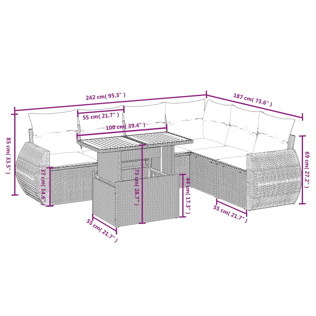 Set Divani da Giardino 7 pz con Cuscini Grigio in Polyrattan 3272215