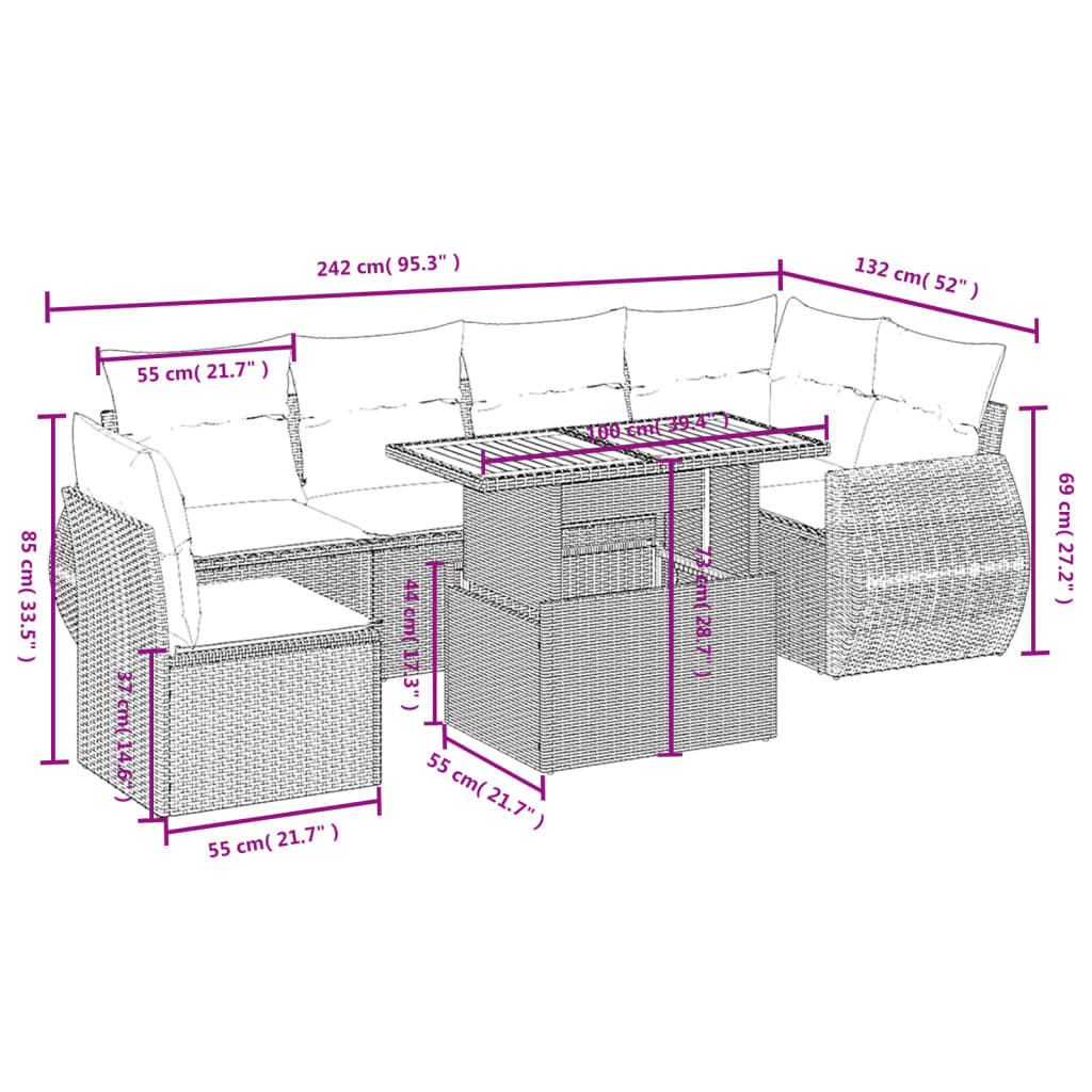 Set Divani da Giardino 7 pz con Cuscini Beige in Polyrattan 3272220