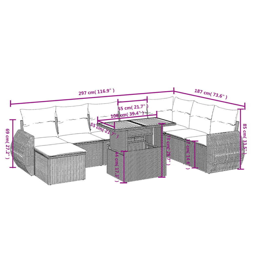 Set Divani da Giardino 9 pz con Cuscini Nero in Polyrattancod mxl 114130