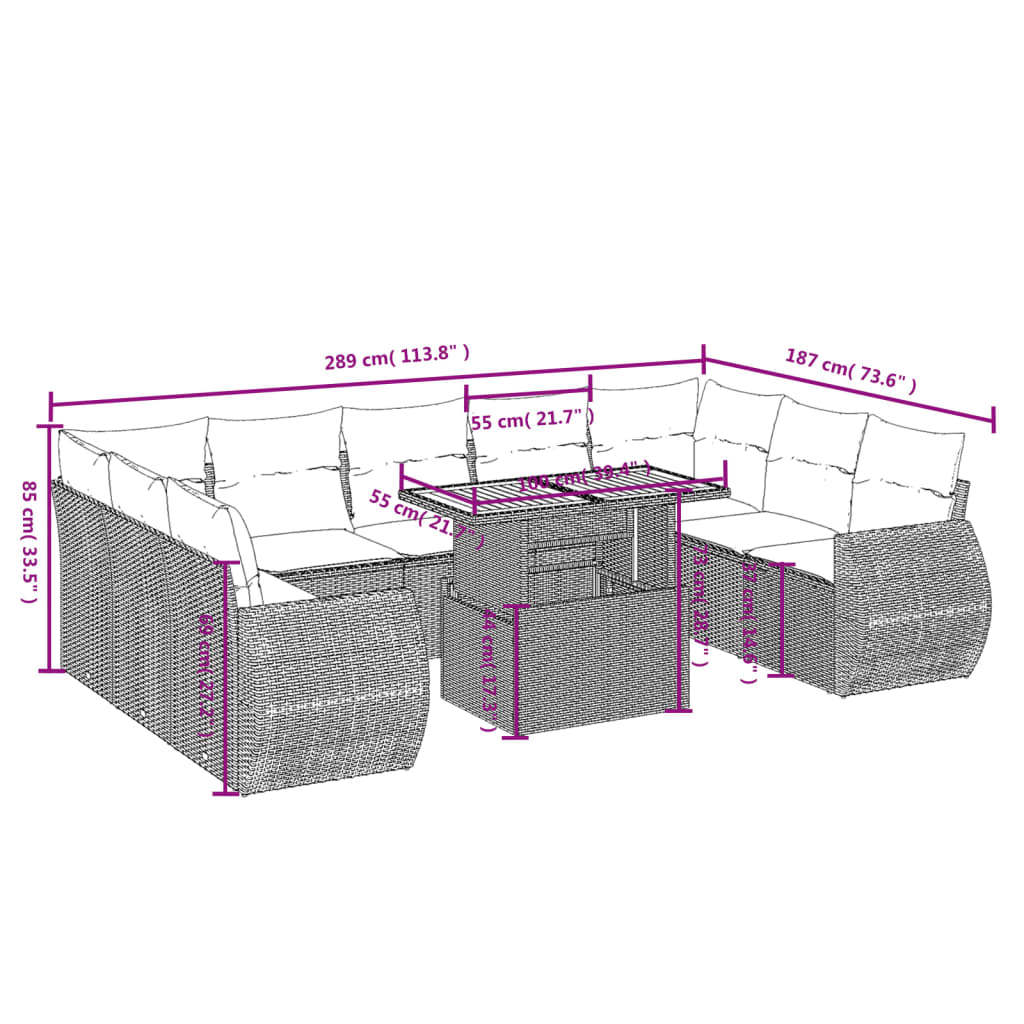 Set Divani da Giardino 10pz con Cuscini in Polyrattan Nero 3272337