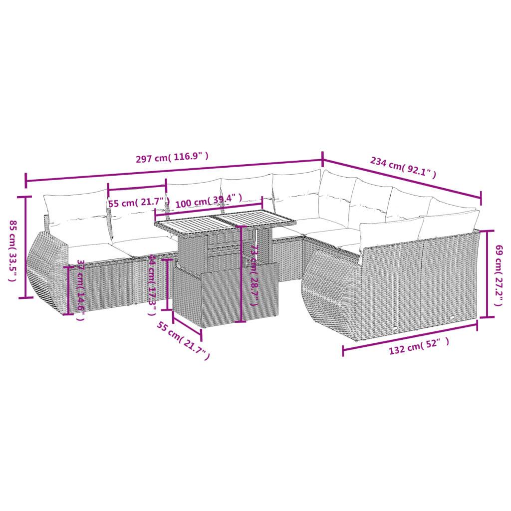 Set Divani da Giardino 10pz con Cuscini in Polyrattan Nerocod mxl 112578