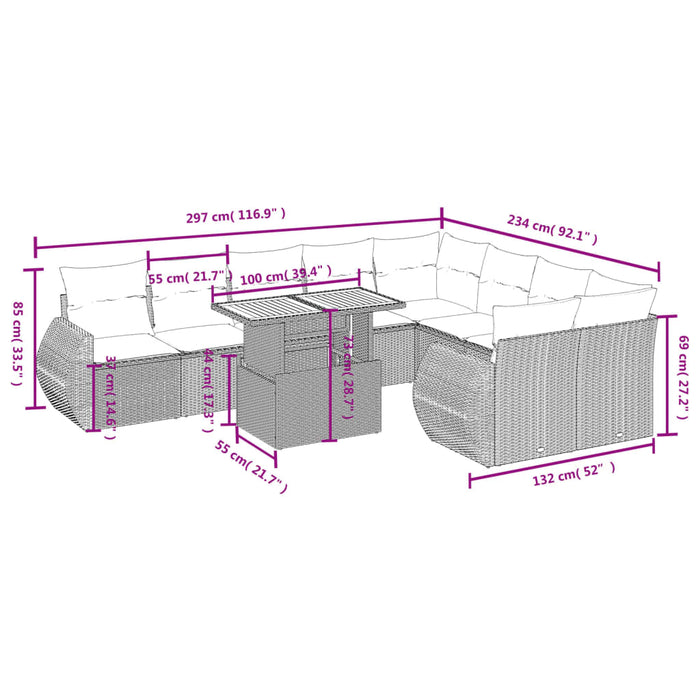 Set Divano da Giardino 10 pz con Cuscini Beige in Polyrattan 3272354