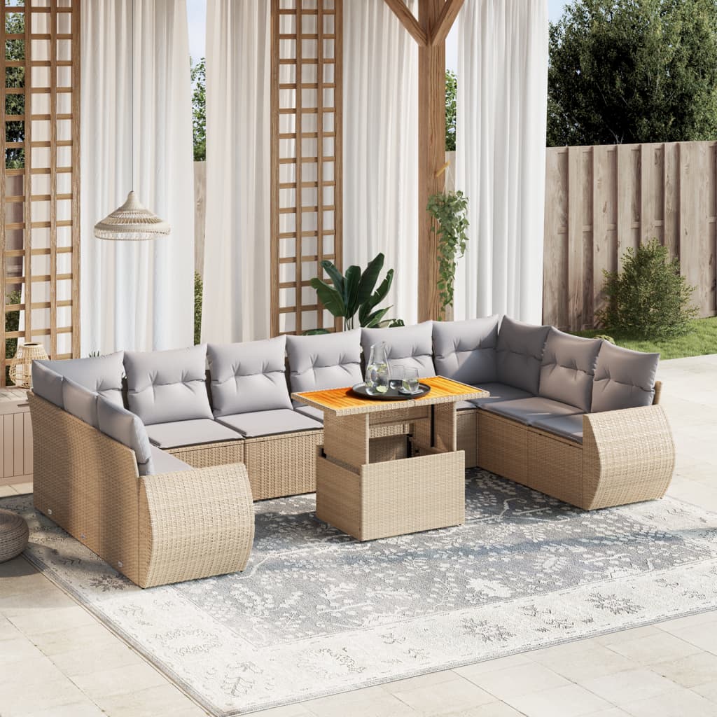 Set Divani da Giardino 11 pz con Cuscini Beige in Polyrattan 3272368