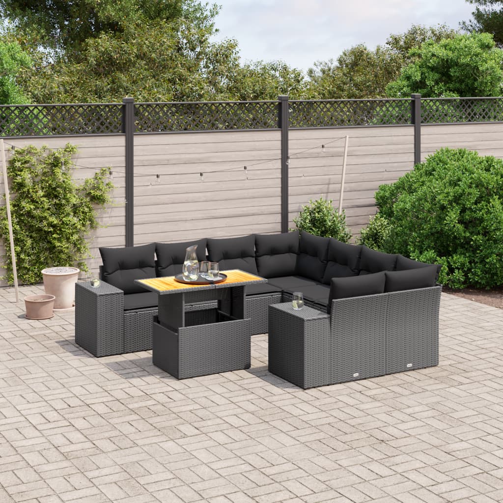 Set Divani da Giardino 9 pz con Cuscini Nero in Polyrattan 3272560