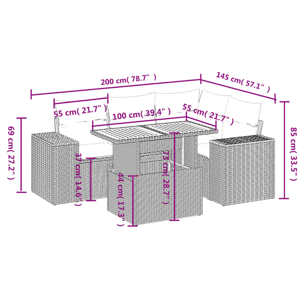 Set Divano da Giardino 5 pz con Cuscini Grigio in Polyrattan 3272621