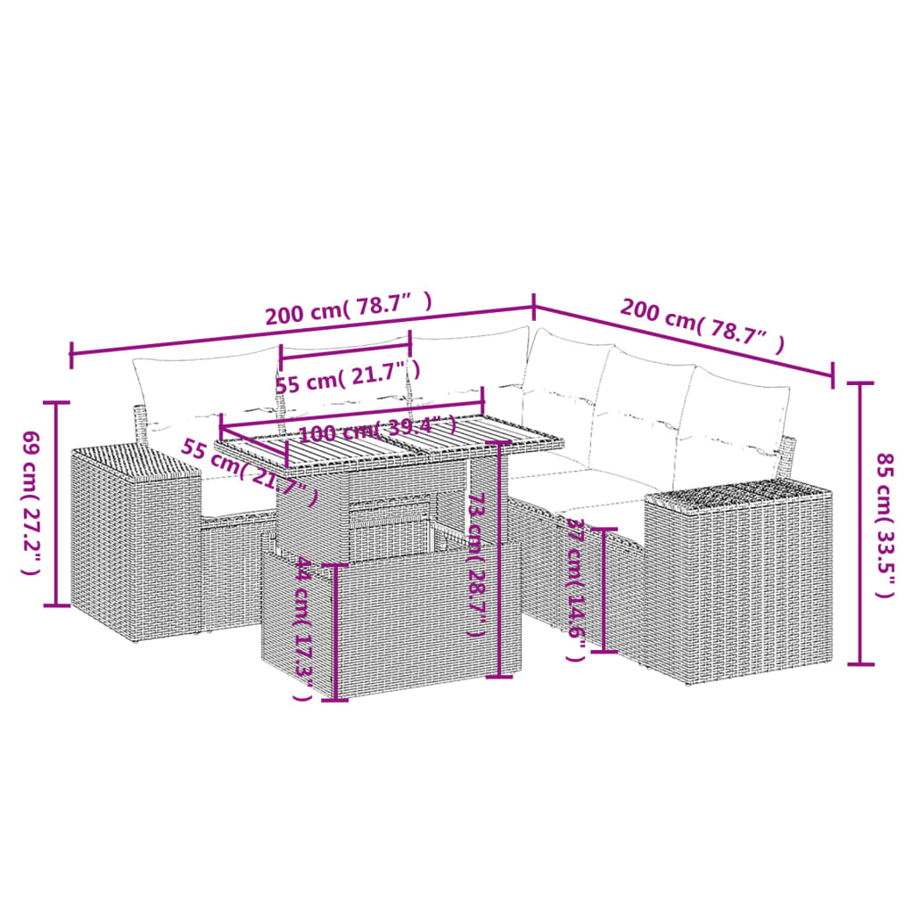 Set Divano da Giardino 6 pz con Cuscini Nero in Polyrattan 3272630