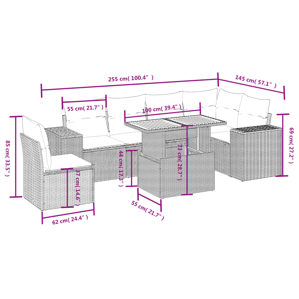 Set Divani da Giardino 7 pz con Cuscini Beige in Polyrattan 3272662