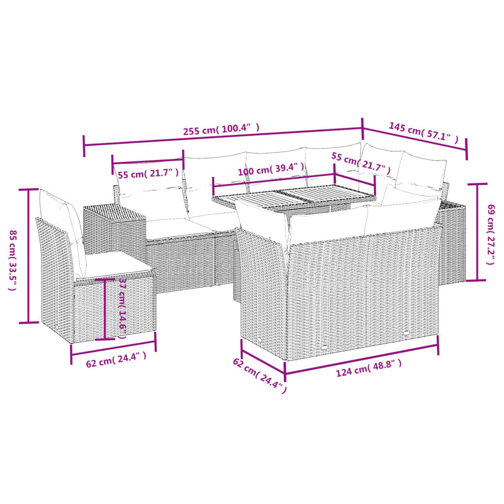 Set Divano da Giardino 9 pz con Cuscini Grigio in Polyrattan 3272733