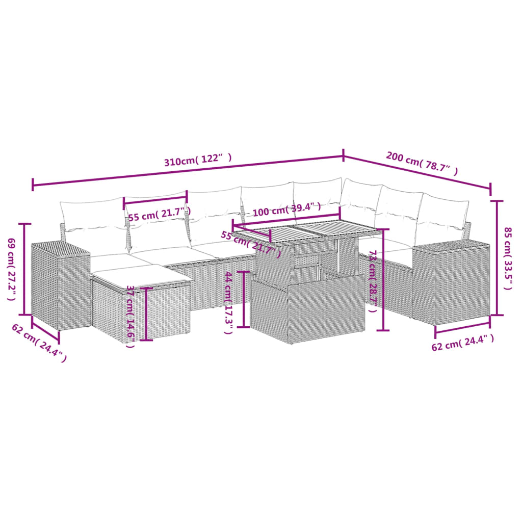 Set Divani da Giardino 9 pz con Cuscini Nero in Polyrattan 3272770