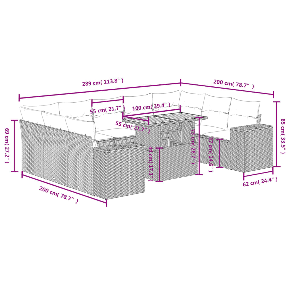 Set Divani da Giardino 10pz con Cuscini in Polyrattan Nerocod mxl 88730