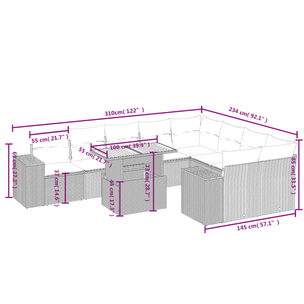 Set Divano da Giardino 10 pz con Cuscini Grigio in Polyrattan 3272796