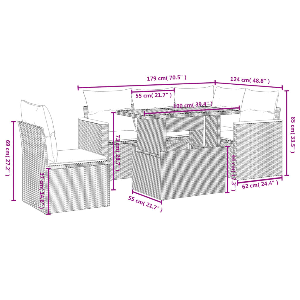 Set Divano da Giardino 6 pz con Cuscini Beige in Polyrattan 3273082