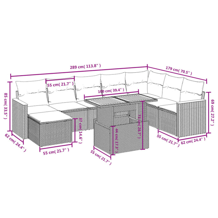 Set Divani da Giardino 9 pz con Cuscini Nero in Polyrattan 3273211