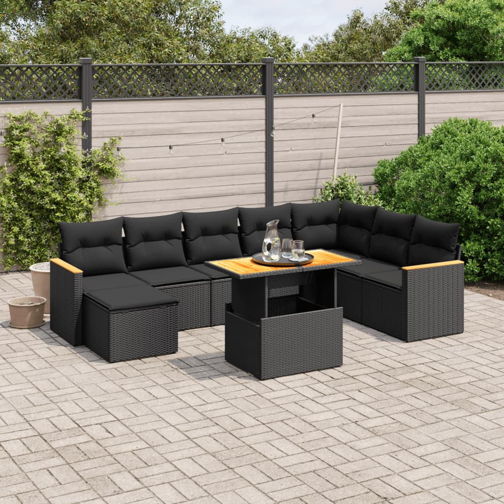 Set Divani da Giardino 9 pz con Cuscini Nero in Polyrattan 3273211