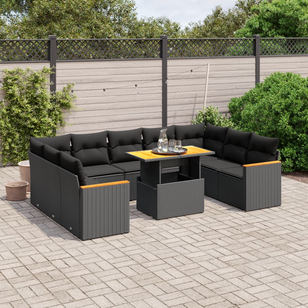 Set Divani da Giardino 10pz con Cuscini in Polyrattan Nero 3273218