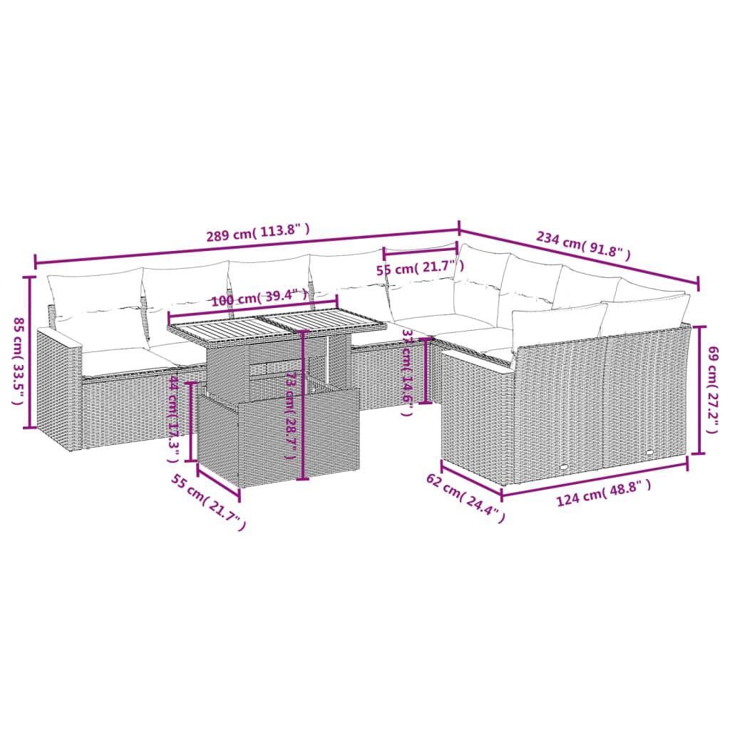 Set Divani da Giardino 10pz con Cuscini in Polyrattan Nero 3273232