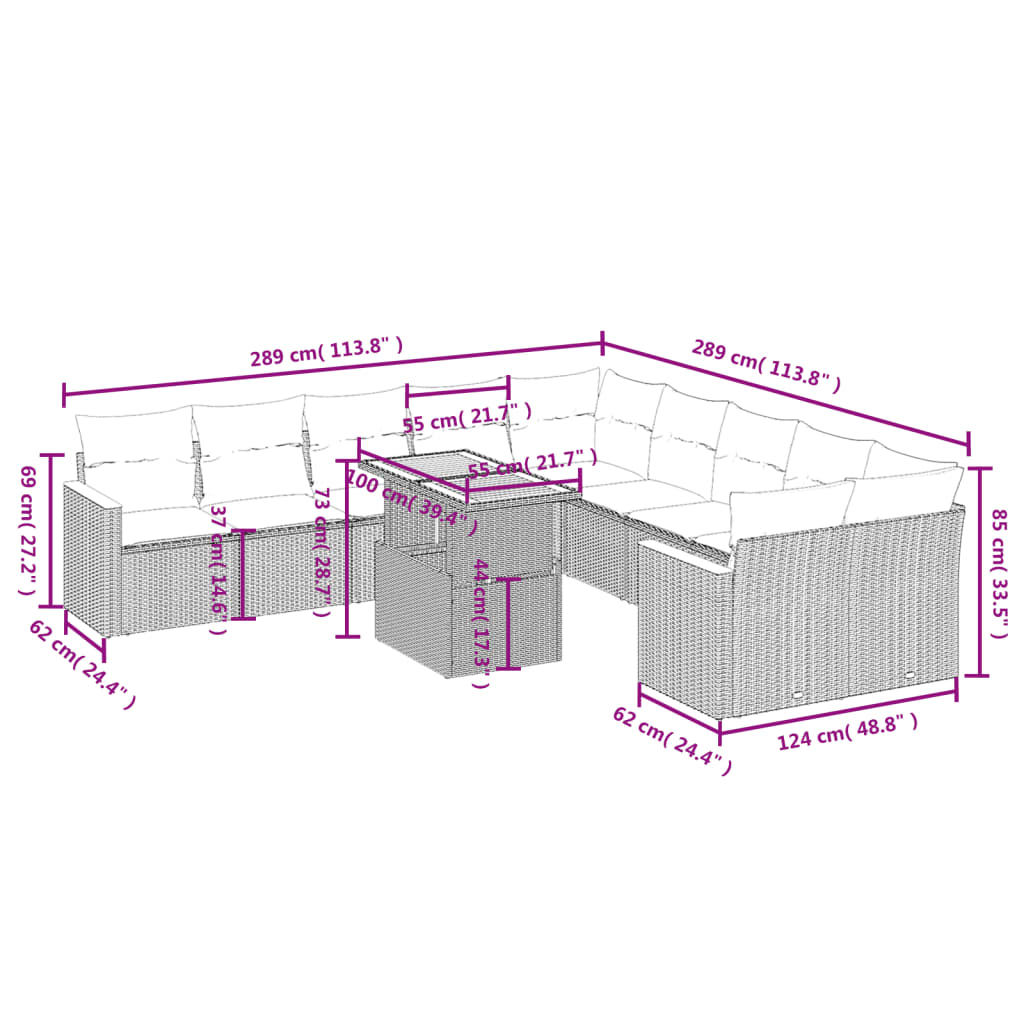 Set Divani da Giardino 11 pz con Cuscini Beige in Polyrattan 3273263