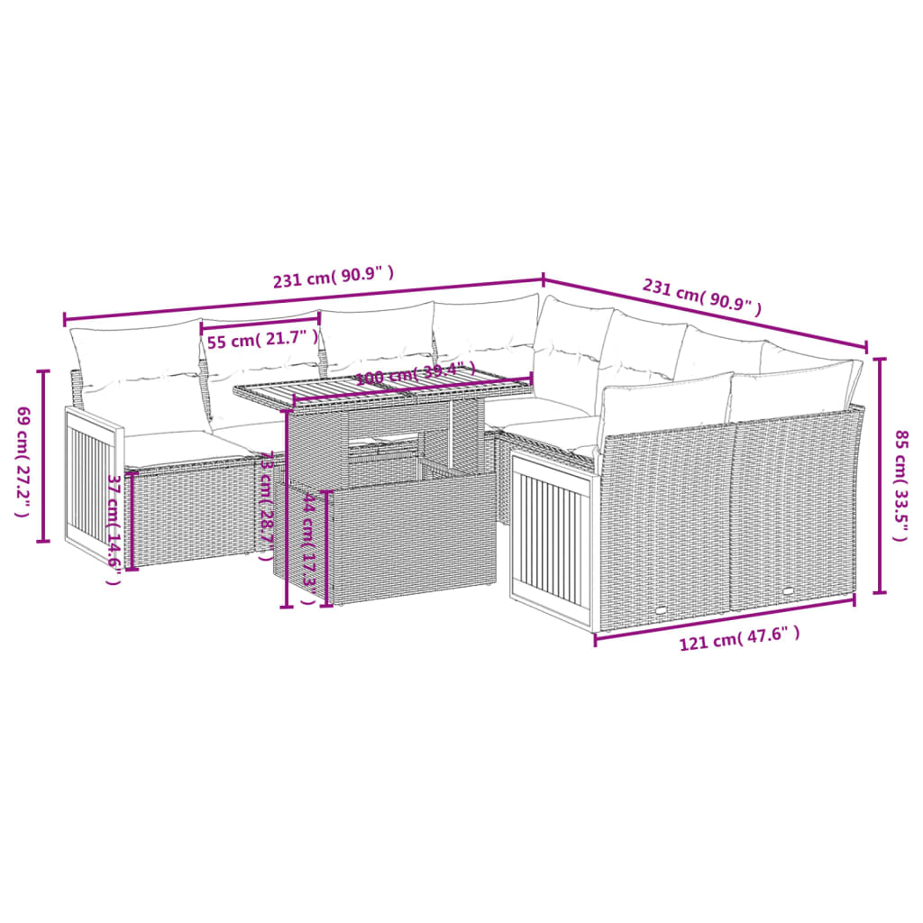 Set Divano da Giardino 9 pz con Cuscini Grigio in Polyrattan 3273888