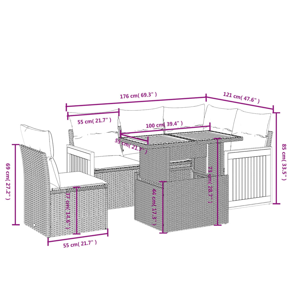 Set Divano da Giardino 6 pz con Cuscini Nero in Polyrattan 3273961