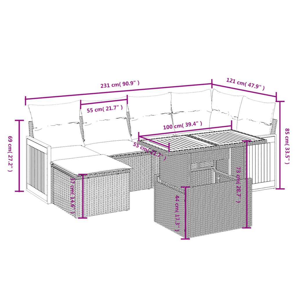 Set Divani da Giardino 7 pz con Cuscini Beige in Polyrattan 3274061