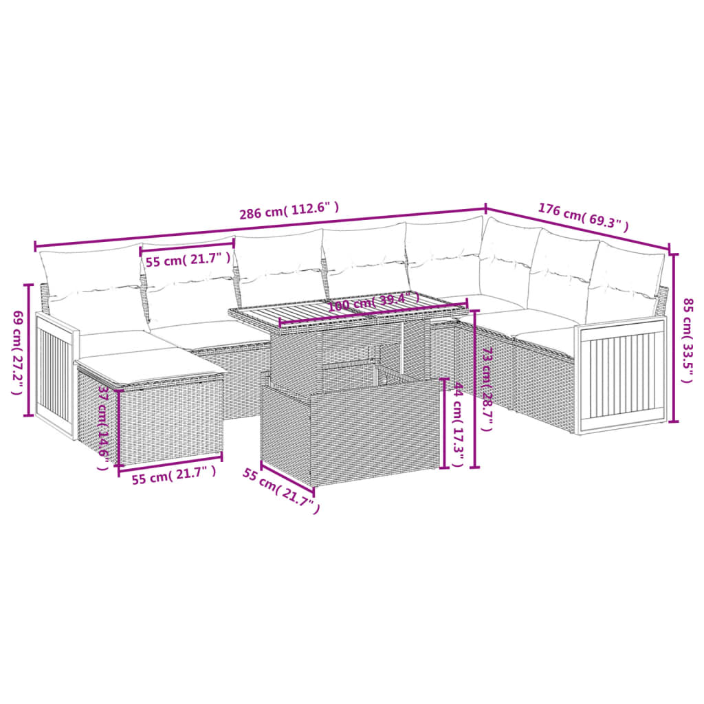 Set Divano da Giardino 9 pz con Cuscini Grigio in Polyrattan 3274098