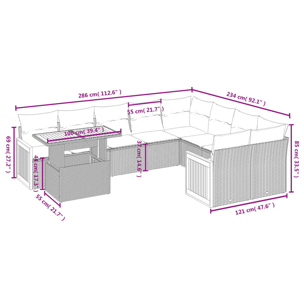 Set Divano da Giardino 10 pz con Cuscini Beige in Polyrattan 3274124