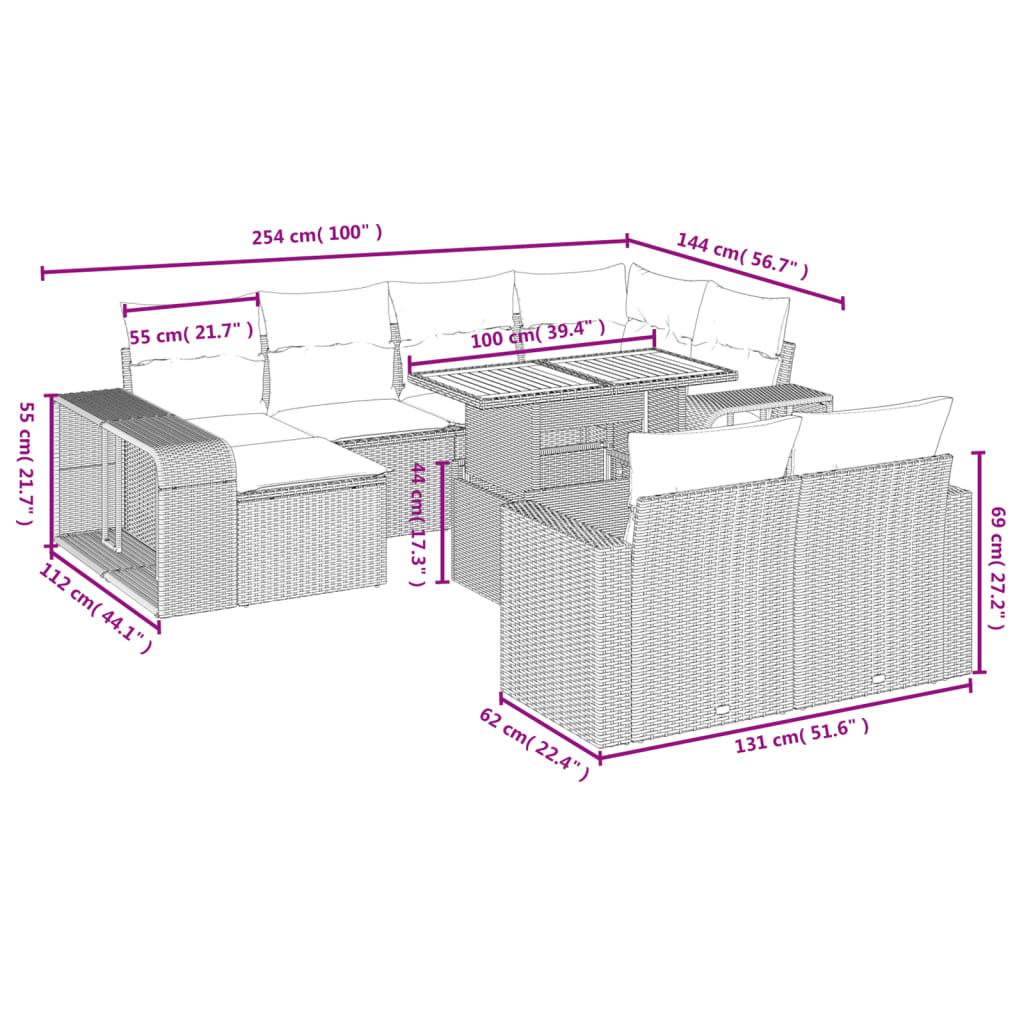 Set Divani da Giardino 11 pz con Cuscini in Polyrattan Nero 3274589