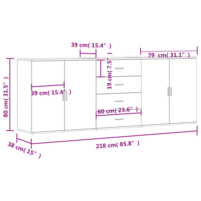 Credenze 3 pz Rovere Fumo in Legno Multistrato 3276613