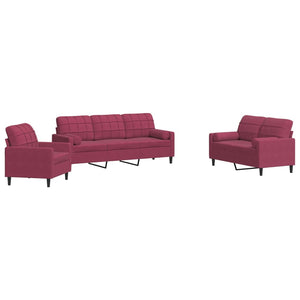 Set di Divani 3 pz con Cuscini e Rinforzi Rosso Vino in Velluto 3278375