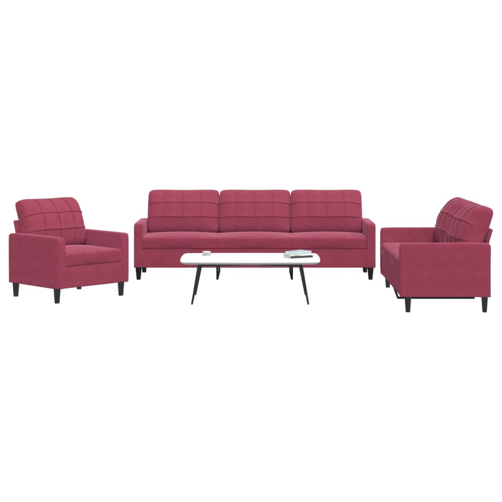 Set di Divani 3 pz con Cuscini Rosso Vino in Velluto 3278435