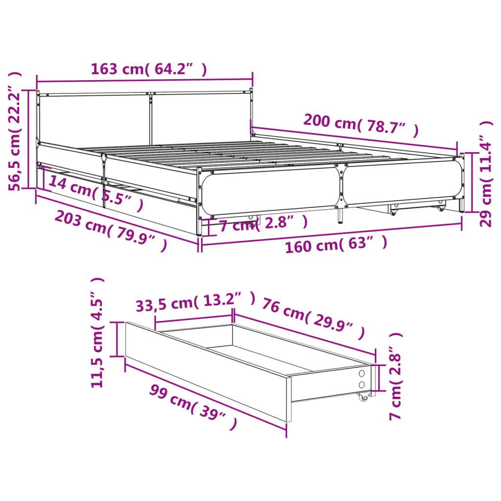 Giroletto con Cassetti Rovere Fumo 160x200 cm Legno Multistrato 3279924