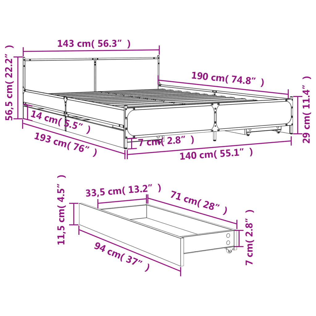 Giroletto con Cassetti Nero 140x190 cm in Legno Multistrato 3279942