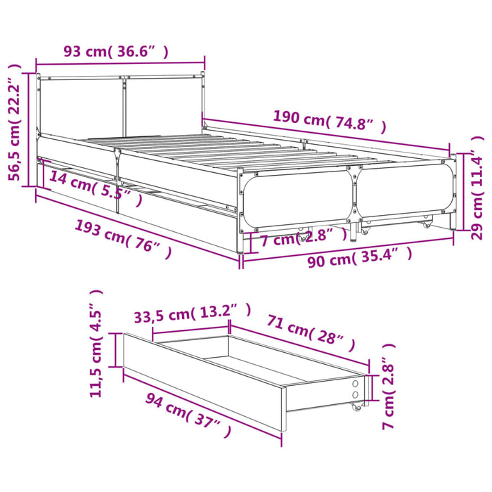 Giroletto con Cassetti Rovere Fumo 90x190 cm Legno Multistrato 3279959