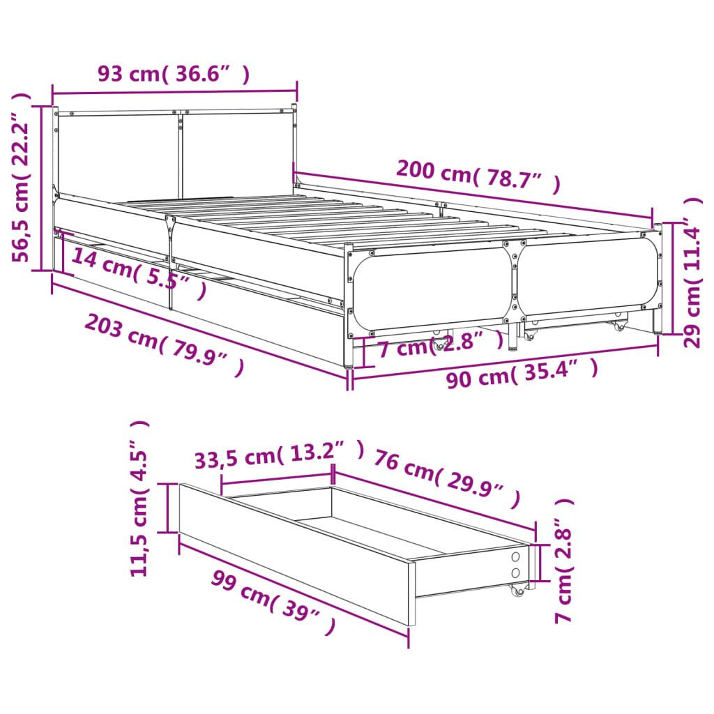 Giroletto Cassetti Rovere Sonoma 90x200 cm Legno Multistrato 3279968