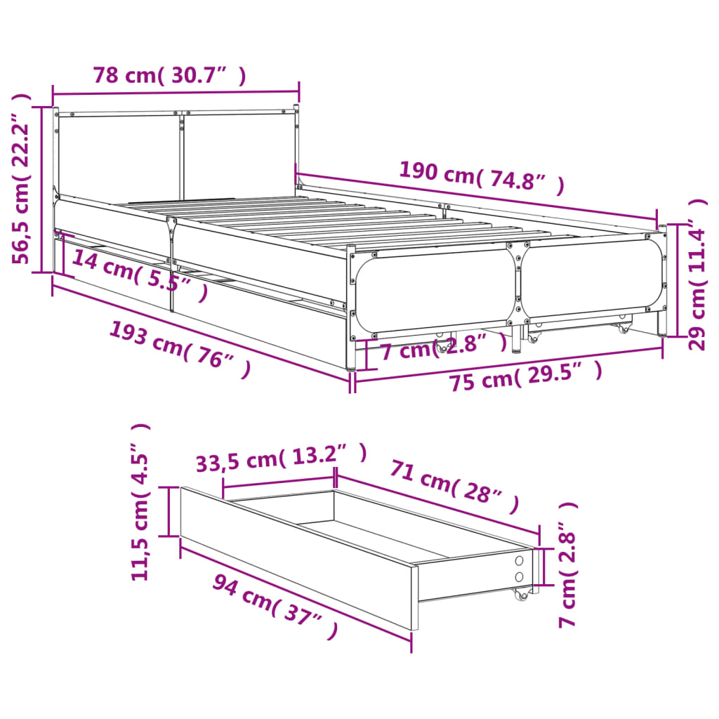 Giroletto Cassetti Rovere Sonoma 75x190 cm Legno Multistrato 3279973