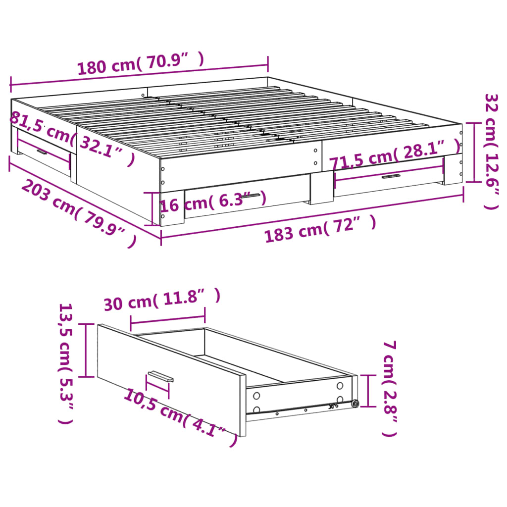 Giroletto Cassetti Grigio Cemento 180x200 cm Legno Multistrato 3280366